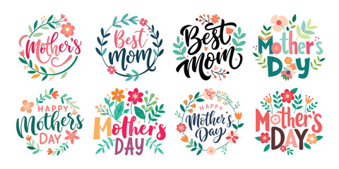 Fototapeta premium Happy Mothers Day Calligraphy Text Set Vector Illustration with Floral Decoration 