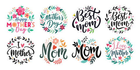 Happy Mothers Day Calligraphy Text Set Vector Illustration with Floral Decoration  