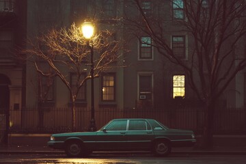 A vintage car is subtly illuminated by streetlight on a quiet, rainy night, evoking nostalgia and mystery with urban charm and solitude.