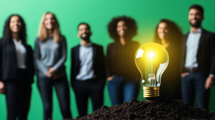 In the center of their celebration, the startup team surrounds a glowing lightbulb planted in soil. The lightbulb represents the growth of their eco-friendly idea, with each team m