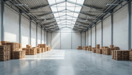 Spacious industrial warehouse interior with concrete floor. White brick walls, high ceiling with skylights. Wooden pallets, storage, distribution concept. Empty logistics hall, modern industry.