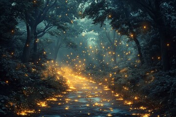 Naklejka premium Forest An ancient forest shrouded in thick fog. Among the large trees, small golden lights glow - these are fireflies floating freely in the air.