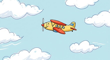 Cartoon Airplane Flying Among Clouds with Smiling Face Illustration in the Sky