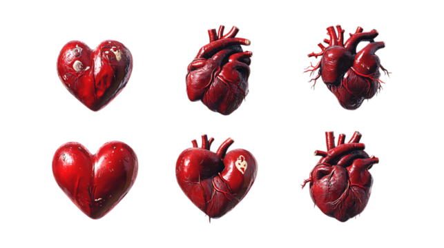 Pack Red Heart Set in Different Poses Against Transparent Background for Love Symbols, Romantic Designs, or Valentine Day Graphics