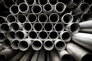 close up stack of stainless metal pipes from front perspective for industrial engineering and manufacturing use
