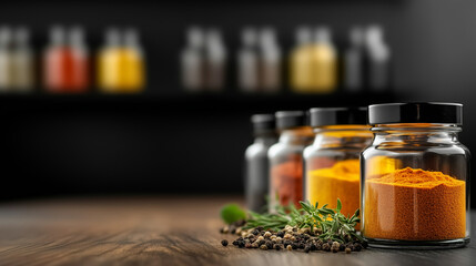 Glass jars filled with spices and herbs are neatly arranged on a warm wooden surface, with a minimalist black backdrop in the background. The modern decor of the kitchen creates an