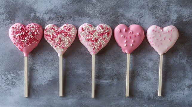 Five pink heart-shaped cake pops on sticks, decorated with sprinkles, arranged on a gray background.