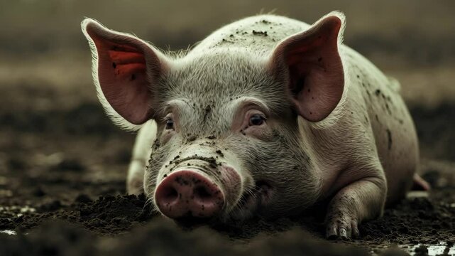 Big pig lying on muddy ground with a calm demeanor.