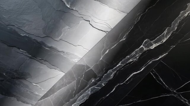 Wide-angle perspective of dark grey and black slate texture. Backdrop of black granite panels.