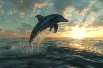 A dolphin leaps out of the water, showcasing its elegance and energy in a vibrant marine environment.