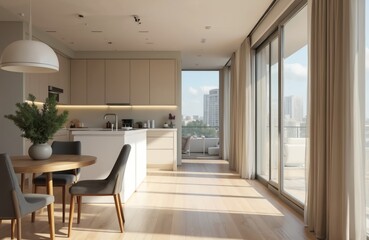 Fototapeta premium Bright modern kitchen interior with dining area. Large glass sliding doors offer views of city. Beige walls light wood floor create open space. Round table gray chairs dining room furniture.