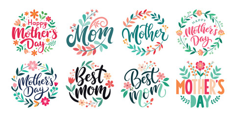 Happy Mothers Day Calligraphy Text Set Vector Illustration with Floral Decoration   © Nazma