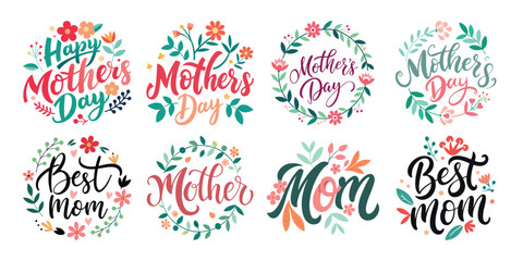 Happy Mothers Day Calligraphy Text Set Vector Illustration with Floral Decoration  