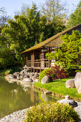 Fototapeta premium Tea pavilion by a small lake in spring in the Japanese garden Pierre-Baudis within the Compans-Caffarelli garden in Toulouse