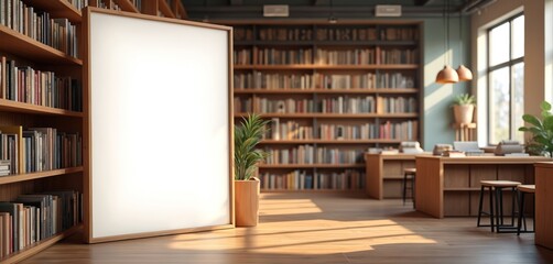 Obraz premium Illustration bookshop interior with empty poster mockup. Bookshelves with books, wooden floor. Perfect template for advertising, presentation, education. Retail store with design, style. Modern urban