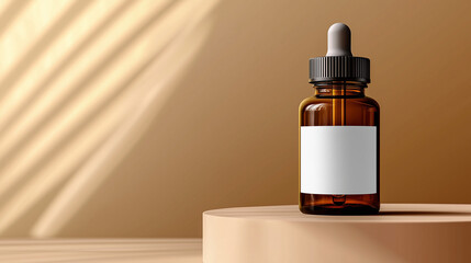 A pharmaceutical dropper bottle made of brown glass with a white blank label sits upright on a soft beige pedestal. The surrounding neutral space evokes calm and confidence, suited