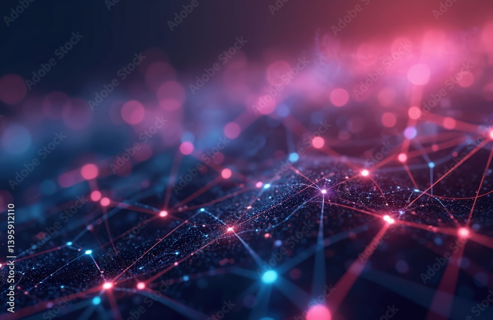 Aufkleber Abstract tech network of light and lines. Futuristic design with glowing dots connections. Digital information transfer visualization. Cybernetic stream, modern digital technology, AI data flow.