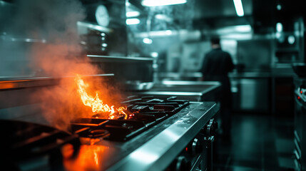 A burst of fire engulfs the stovetop, casting an orange glow across the industrial kitchenâs metal surfaces. Staff react urgently, with smoke signaling a potential disaster in the