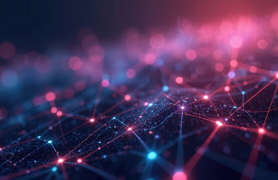 Abstract tech network of light and lines. Futuristic design with glowing dots connections. Digital information transfer visualization. Cybernetic stream, modern digital technology, AI data flow.