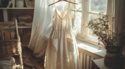 Charming Vintage Linen Dress with Embroidered Details Hanging in Sunlit Room