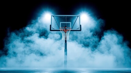 Dramatic Basketball Hoop with Fog and Blue Lights on Dark Background
