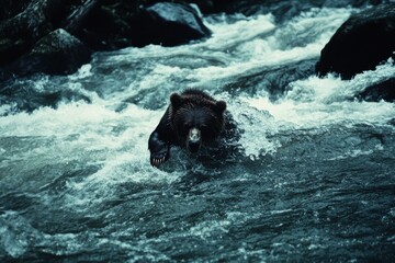 A grizzly bear surges through a fast-moving river, showcasing its power and determination amidst natural surroundings.
