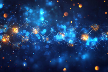 Abstract Atom molecule structure. Scientific research in molecular chemistry.  3D illustration of molecule model on blue background.
