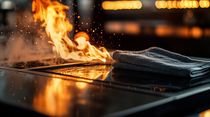 An out-of-control kitchen fire spreads across the stovetop, as utensils and towels lie dangerously close to the blaze. A visual metaphor for the thin line between daily routine and