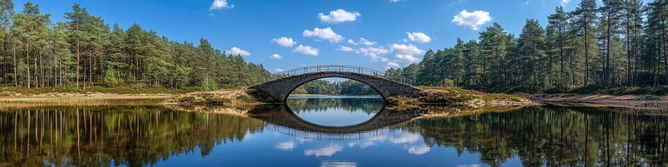 Fototapeta premium Serene bridge mirroring in calm lake, surrounded by lush green forest under a bright blue sky