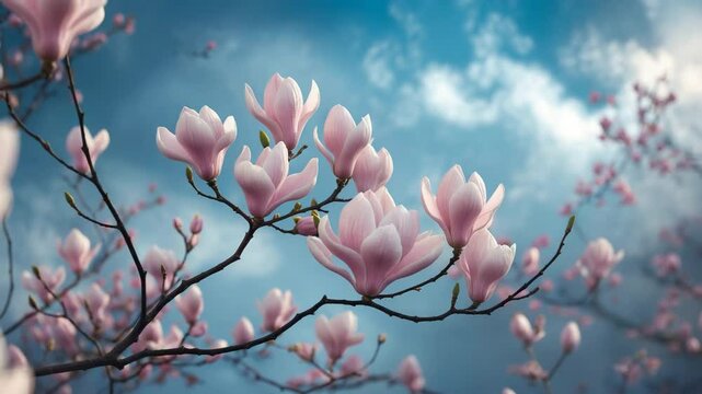 Natural background theme featuring pink magnolia branches with flowers. A set of blossoming magnolia branches against a nature backdrop. Spring magnolia blooms.