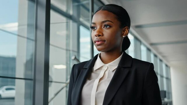 Professional woman in business attire stands confidently in modern office setting with large windows and urban view