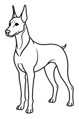 A black-and-white cartoon of a standing dog with tall, pointed ears and a sleek build, looking forward with a neutral expression, on a white background.
