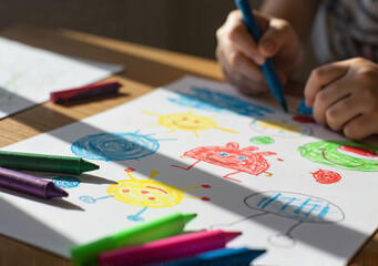 Naklejka premium Child drawing colorful sketches with crayons on a desk, International Children's Day 