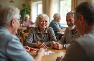Group of happy seniors play cards together in retirement home. Elderly people laugh, socialize, enjoy leisure time, playing games. Active lifestyle, wellbeing, friendship, community, connection, fun