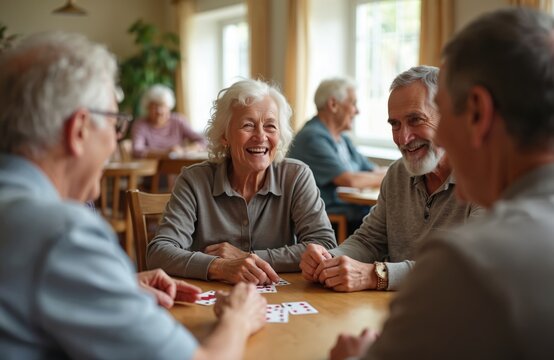 Group of happy seniors play cards together in retirement home. Elderly people laugh, socialize, enjoy leisure time, playing games. Active lifestyle, wellbeing, friendship, community, connection, fun