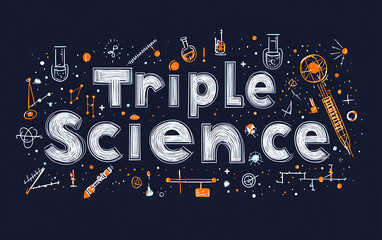 Vector design with the word "Triple Science" made of icons for science, physics, and biology in a flat color style on a dark background. 