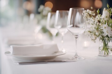 elegant gala dinner setting with minimalistic table decor dim ambient lighting and ample copy space