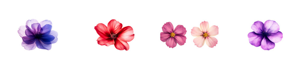 Floral diversity on black background showcasing petal details, cut out transparent