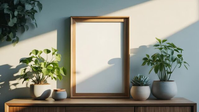 Chic interior showcasing a custom cabinet, sample picture frame, sophisticated decorations, and appealing plants in assorted pots. Modern home styling. Minimalist concept. Template. Empty.