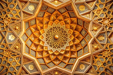 Intricate Golden Carved Ceiling with Geometric Patterns and Star Design