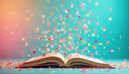 Open book emits vibrant colorful confetti, creativity inspiration. Celebration, joy, knowledge concept with party decoration background. Confetti, paper pieces fly out of open book on blue desk.