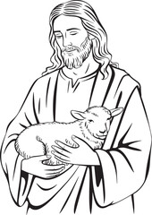 Black and white line art of jesus christ holding a lamb symbolizing peace, compassion, and divine care, perfect for religious prints, spiritual coloring books, and christian themed artwork