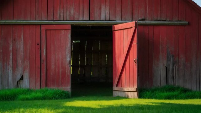Weathered red wooden barn with one door ajar and the other absent, surrounded by vibrant green grass.