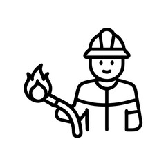 Male firefighter ready standing in red helmet and jacket against a white background with copy space