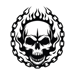 Black and White Skull Flames and Chain Silhouette Illustration, Horror Halloween Sign