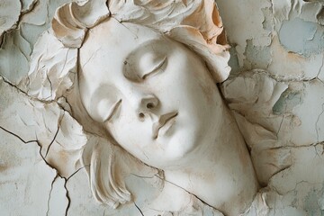 Fragmented face sculpture with a serene expression, capturing timeless beauty amidst cracked and weathered textures.