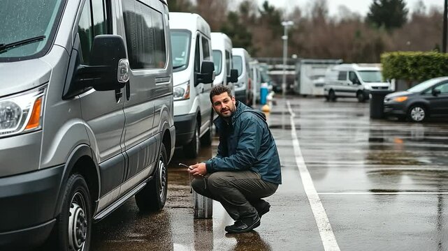 Locksmith Unlocking Van on Rainy Afternoon with Keys Jangling