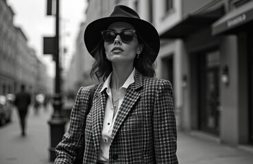 Obraz premium Female model in stylish retro-style clothes on city street. Vintage fashion. Stylish woman wears hat, sunglasses, checkered blazer jacket. Elegant adult lady in monochrome photo, looks fashionable.