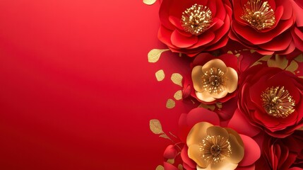 Red and gold paper flowers on red background.