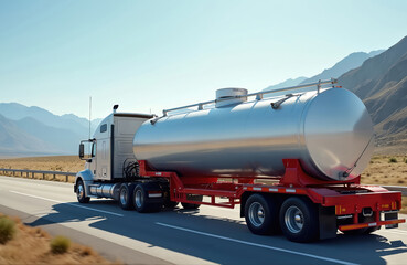 Truck transports big tank on highway. Special trailer for oversize, heavy transport. Lorry hauls industrial cargo load, safe delivery. Logistics, carrier, freight, semi-truck. Oil transport, fuel,
